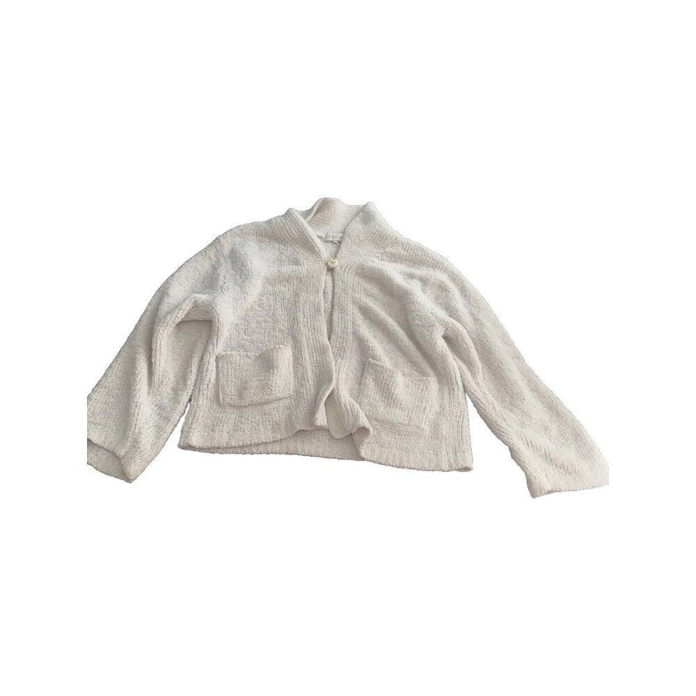 Soft Surroundings White Teddy Bear Cardigan Sweater Womens L Pockets One Button